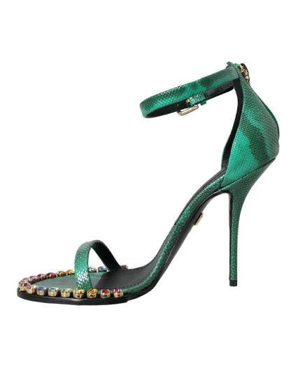 Green Exotic Leather Crystal Sandals Shoes