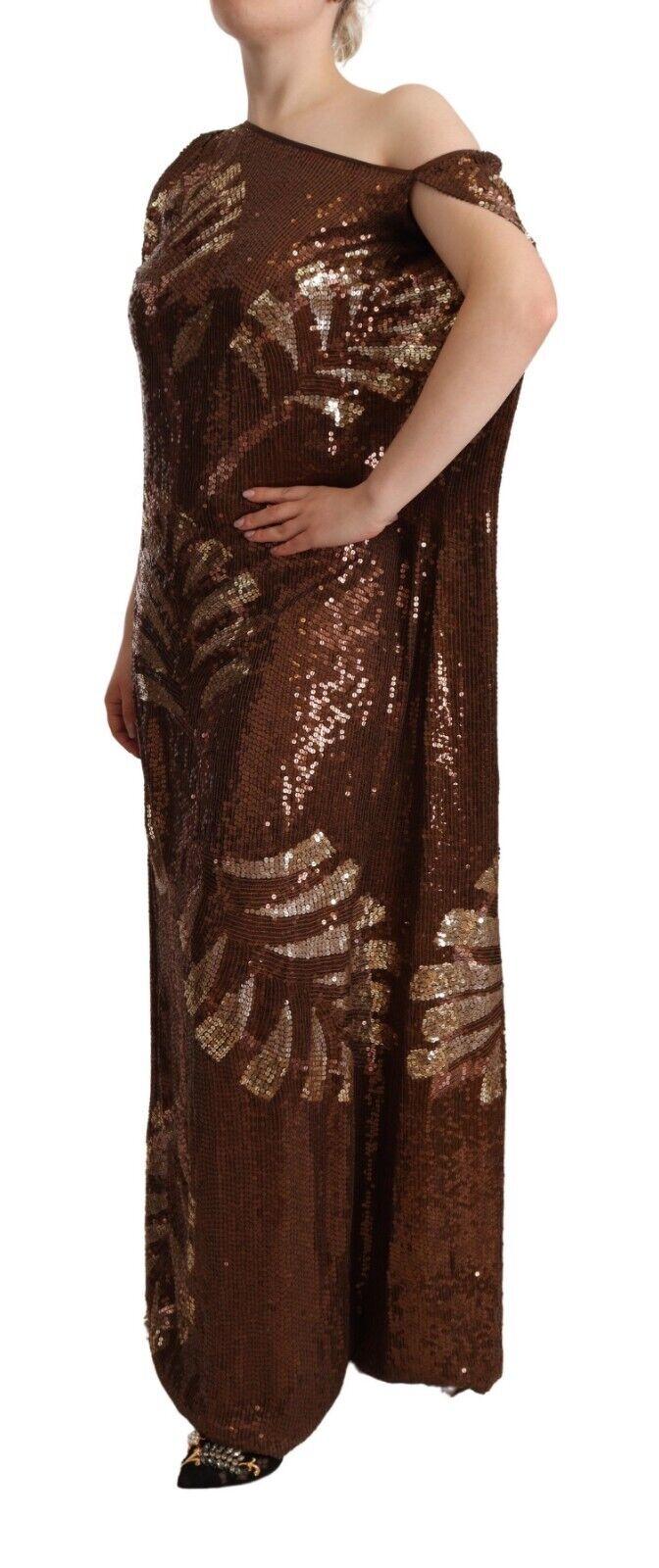 Brown Leaf Sequined Shift One Shoulder Long Dress