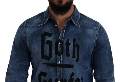 Blue Washed Goth Surfer Print Men Denim Shirt