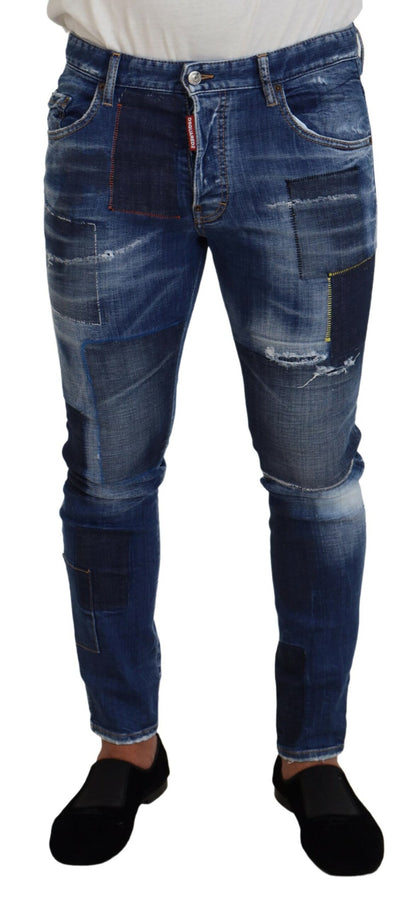 Blue Washed Patchwork Skinny Men Denim Jeans