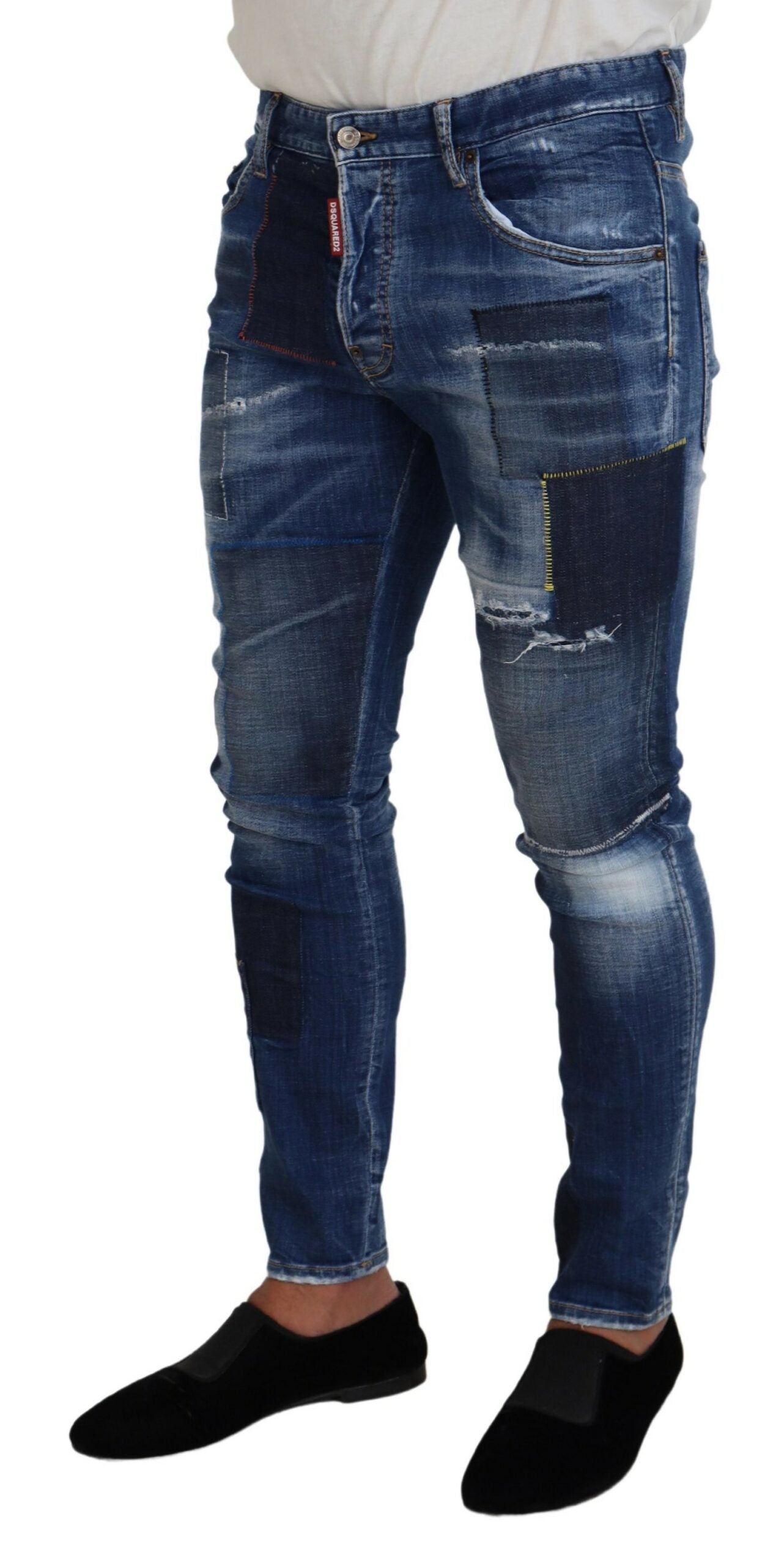 Blue Washed Patchwork Skinny Men Denim Jeans