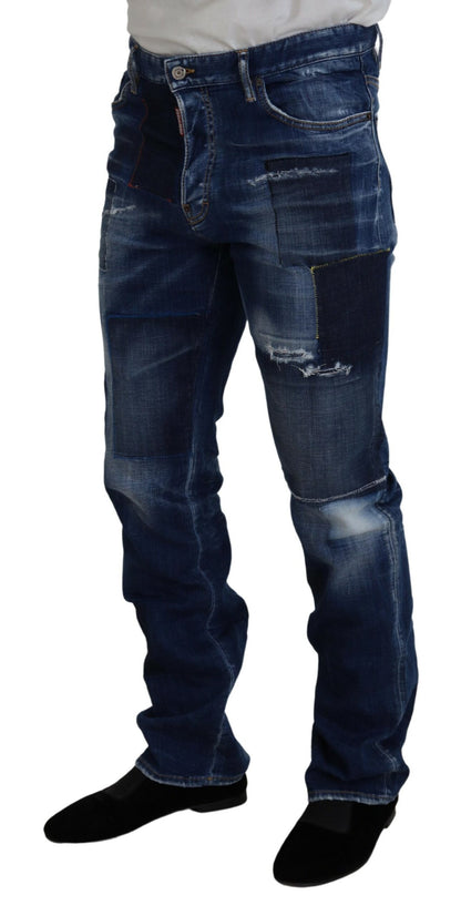 Blue Washed Patchwork Straight Fit Denim Jeans