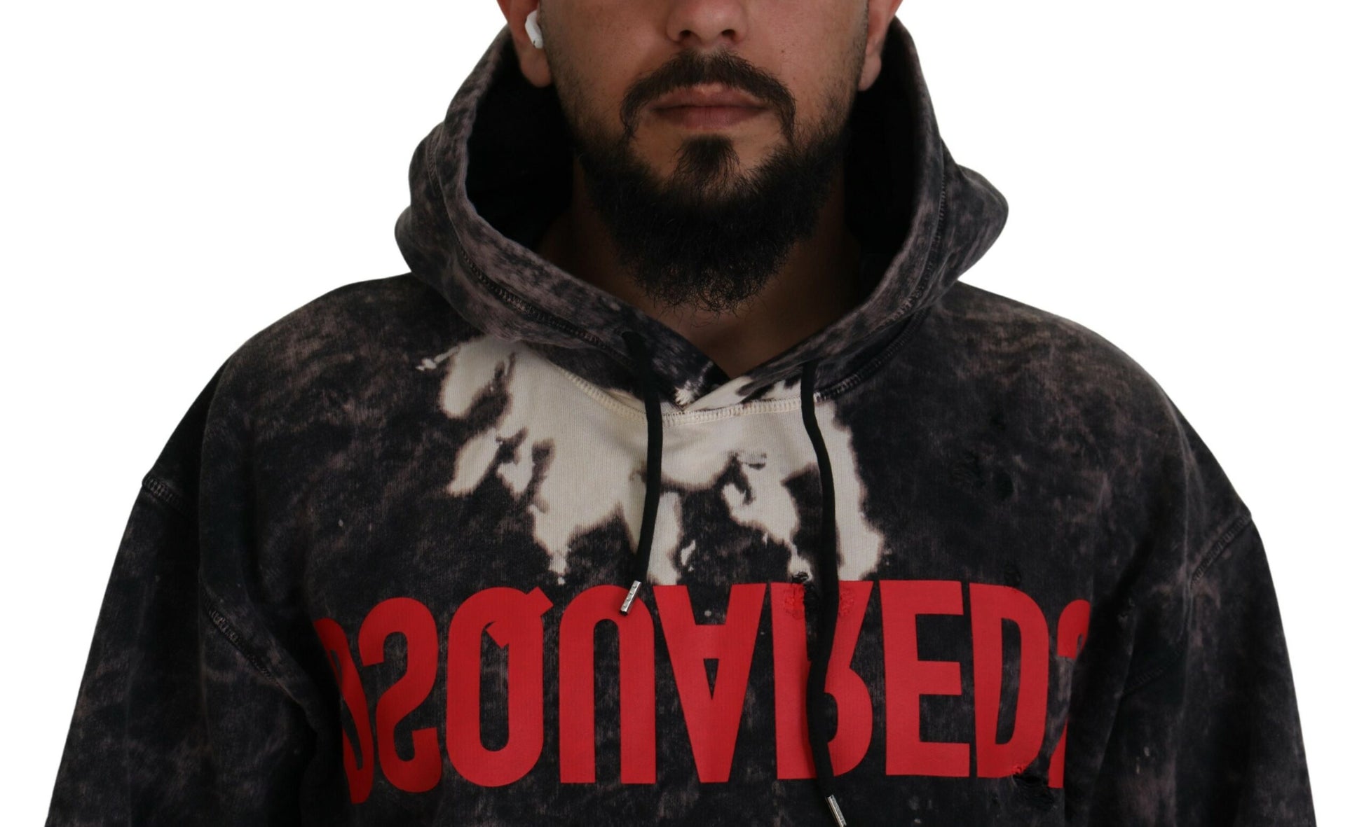 Gray Wash Hooded Printed Men Pullover Sweater