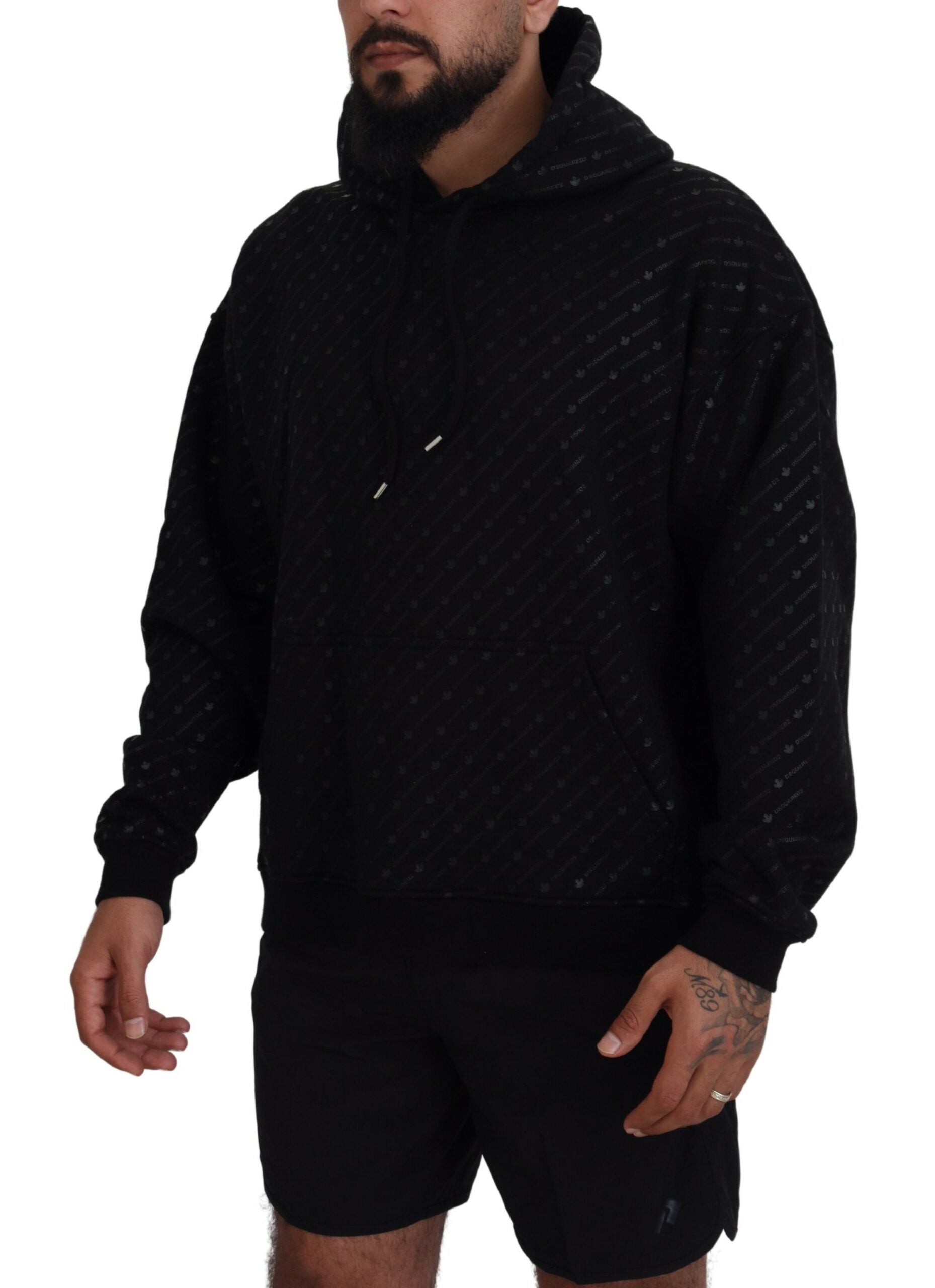 Black Cotton Hooded Printed Men Pullover Sweater