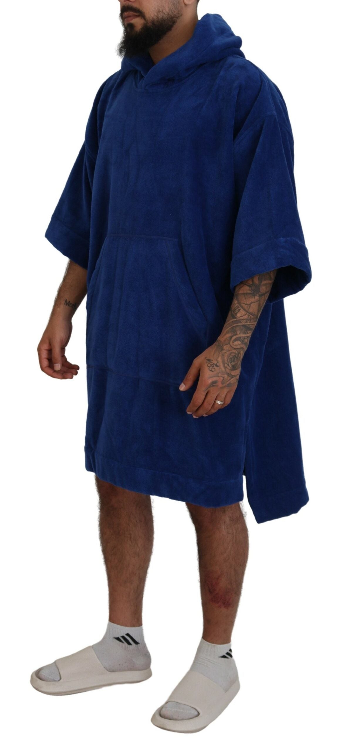 Blue Poncho Men Hooded Beachwear Changing Robe