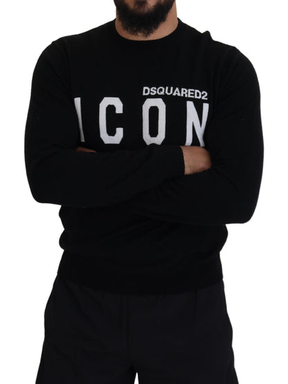 Black Logo Print Long Sleeves Men Pullover Sweater