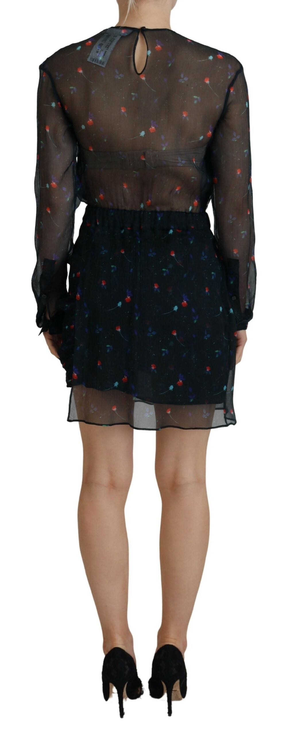 Black Floral Silk Long Sleeves Sheath Mini Dress