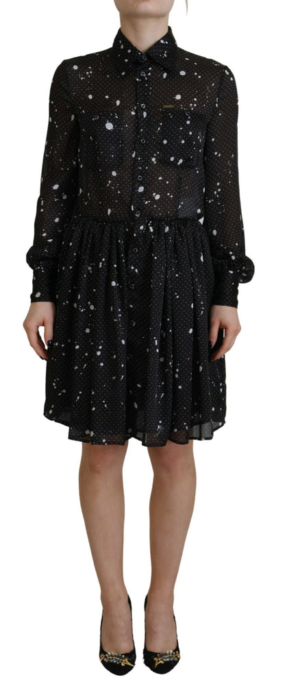 Black Polka Dot Long Sleeves Button Down Dress