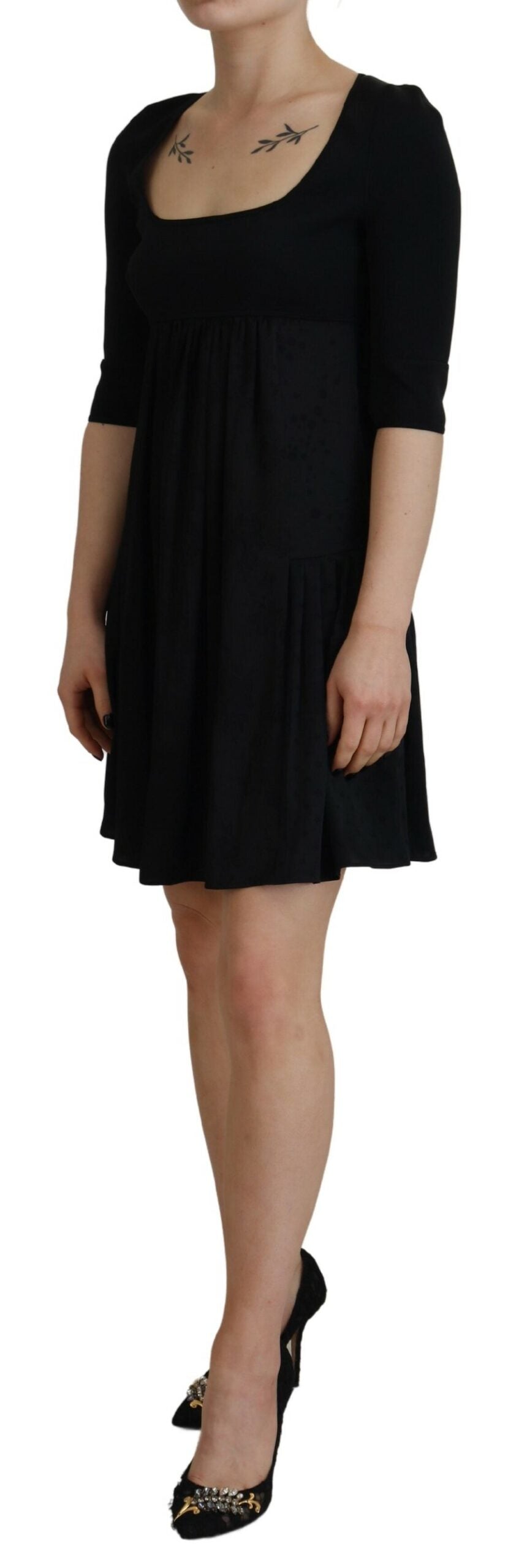 Black Acetate Short Sleeves A-line Sheath Dress