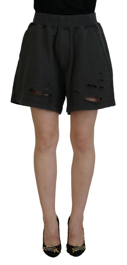 Black Cotton Mid Waist Tattered Tapered Shorts