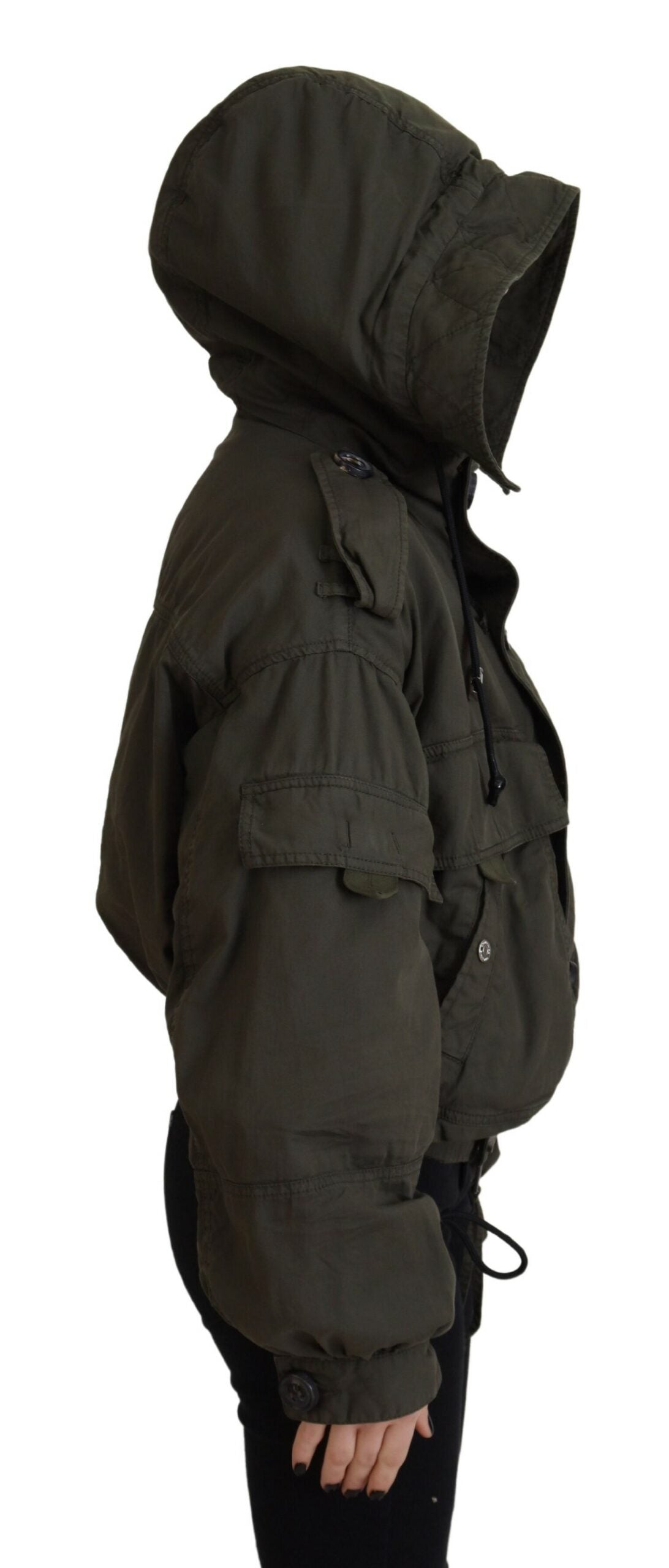 Green Cotton Hooded Cargo Button Jacket