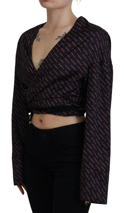 Black Polyester Cropped Logo Printed Blouse Top