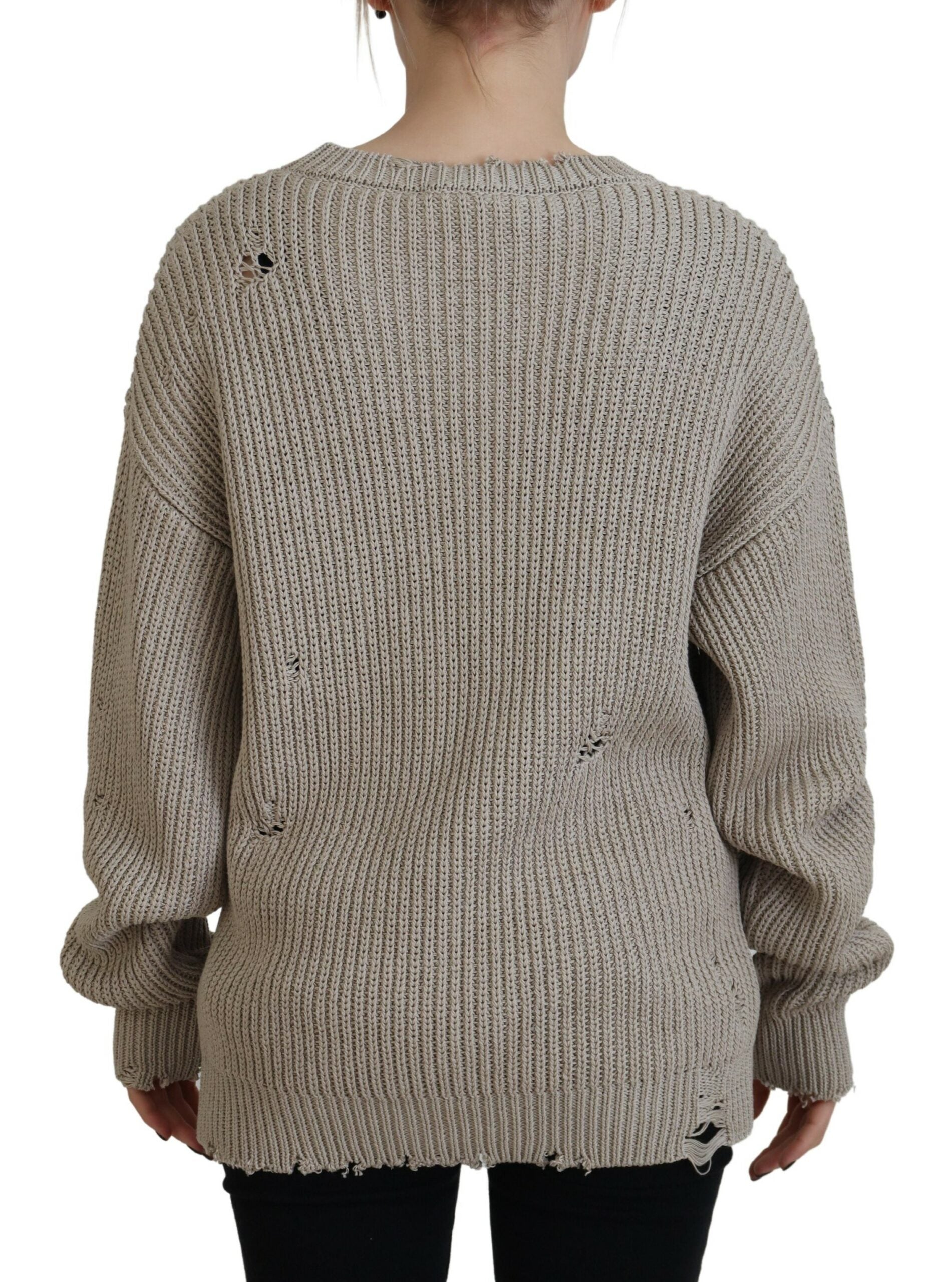 Beige Cotton Knitted Crewneck Pullover Sweater