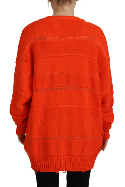 Orange Cotton Knitted Buttoned Cardigan Sweater