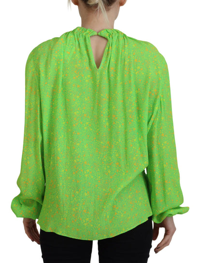 Green Stars Print Viscose Long Sleeves Blouse Top