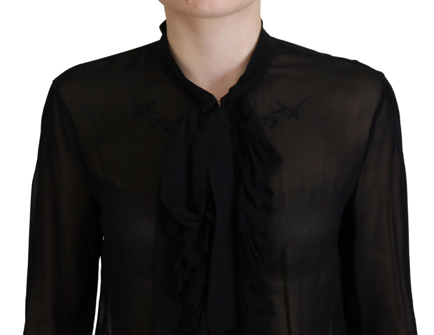 Black Viscose Long Sleeves See Through Blouse Top