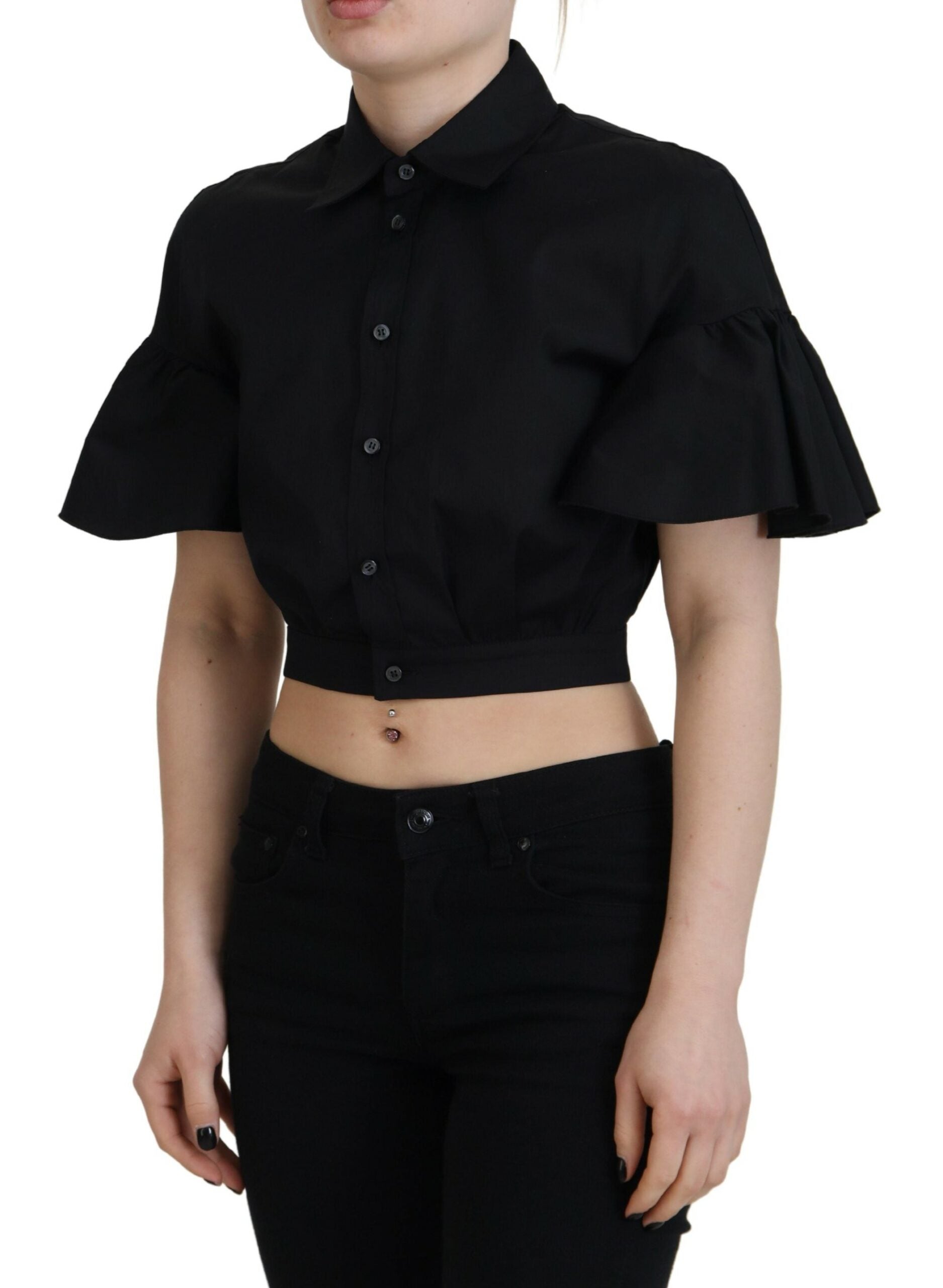 Black Collared Button Down Short Sleeve Cropped Top