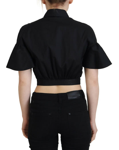 Black Collared Button Down Short Sleeve Cropped Top