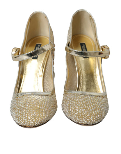 Gold Mesh Crystal Mary Jane Pumps Heels Shoes