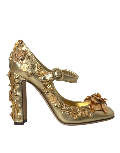 Gold Leather Crystal Mary Janes Pumps Shoes