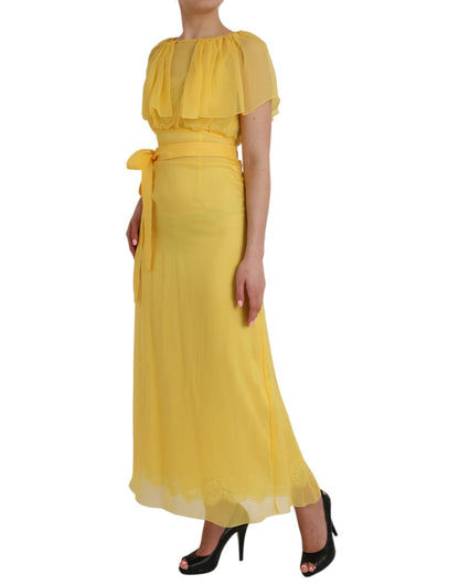 Yellow Silk Sheath Belted Long Maxi Dress