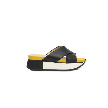 Black Leather Women Platform Sandal