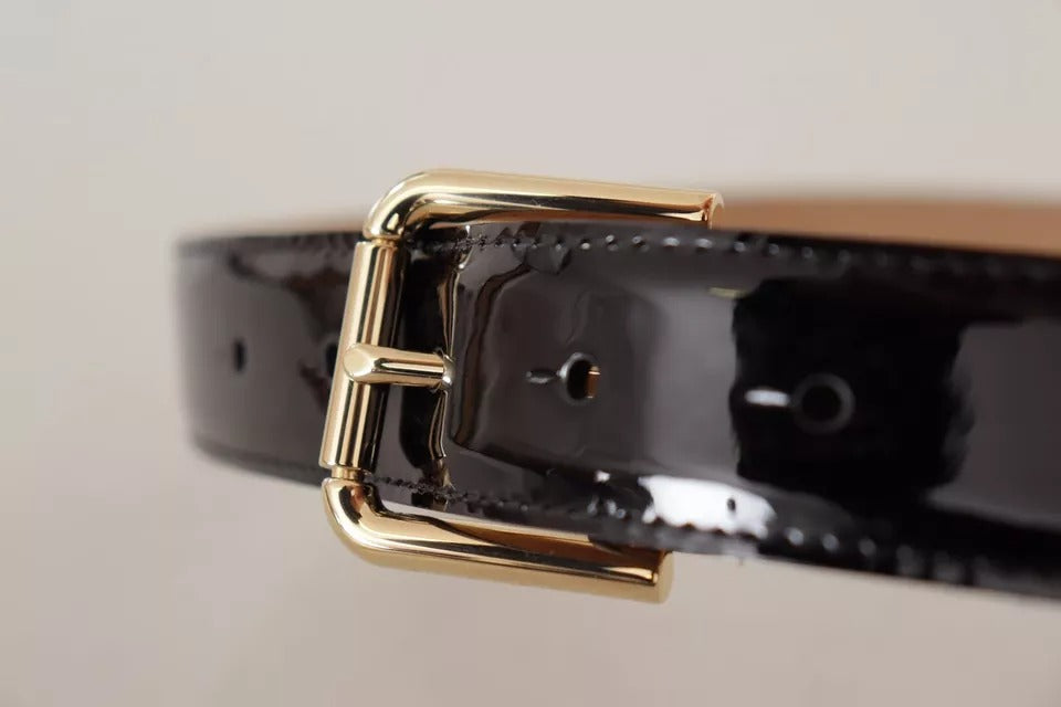 Black Patent Leather Gold Logo Engraved Buckle Belt