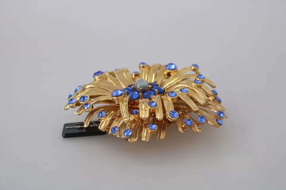 Gold Brass Blue Crystals Embellished Jewelry Brooch