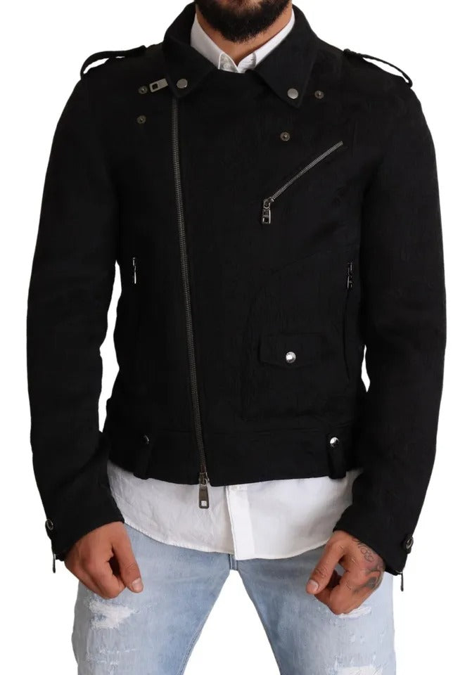 Black Brocade Full Zip Biker Coat Jacket