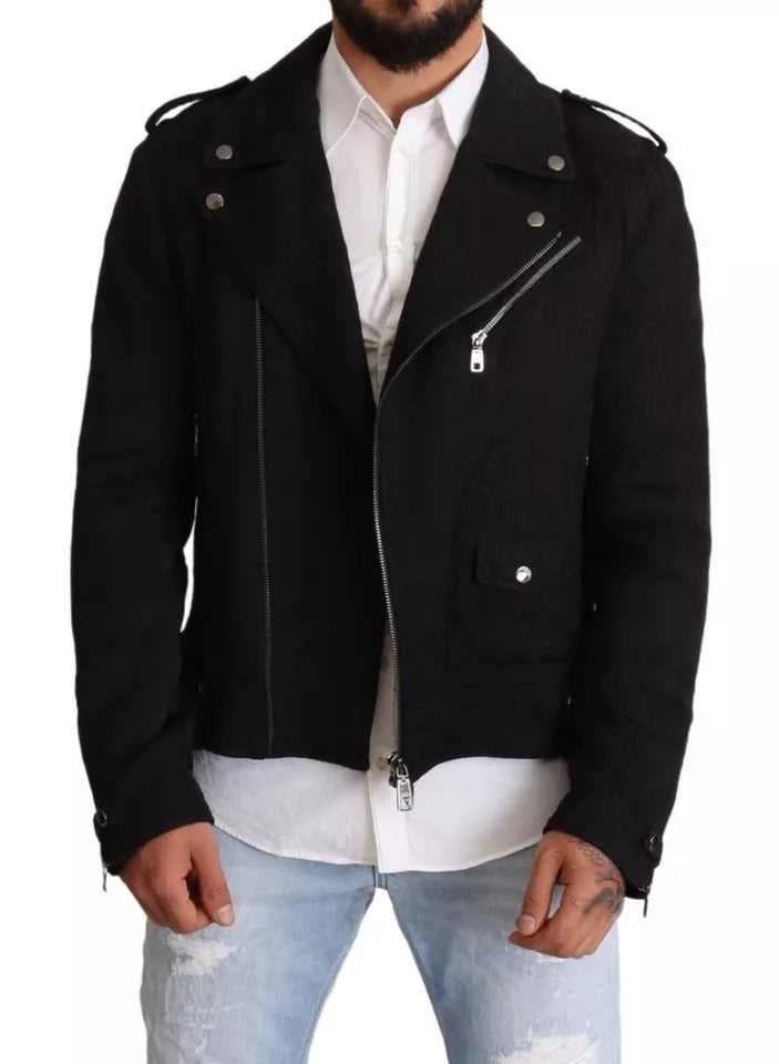 Black Brocade Full Zip Biker Coat Jacket