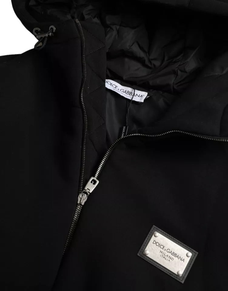 Black Cotton Hooded Logo Bomber Jacket