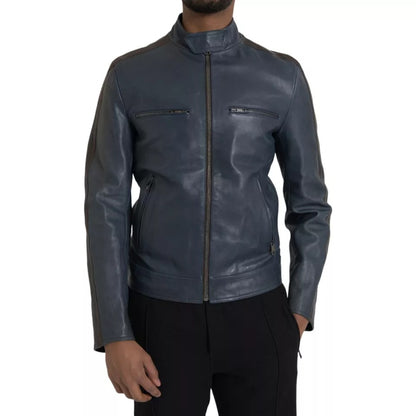 Blue Leather Full Zip Biker Blouson Jacket