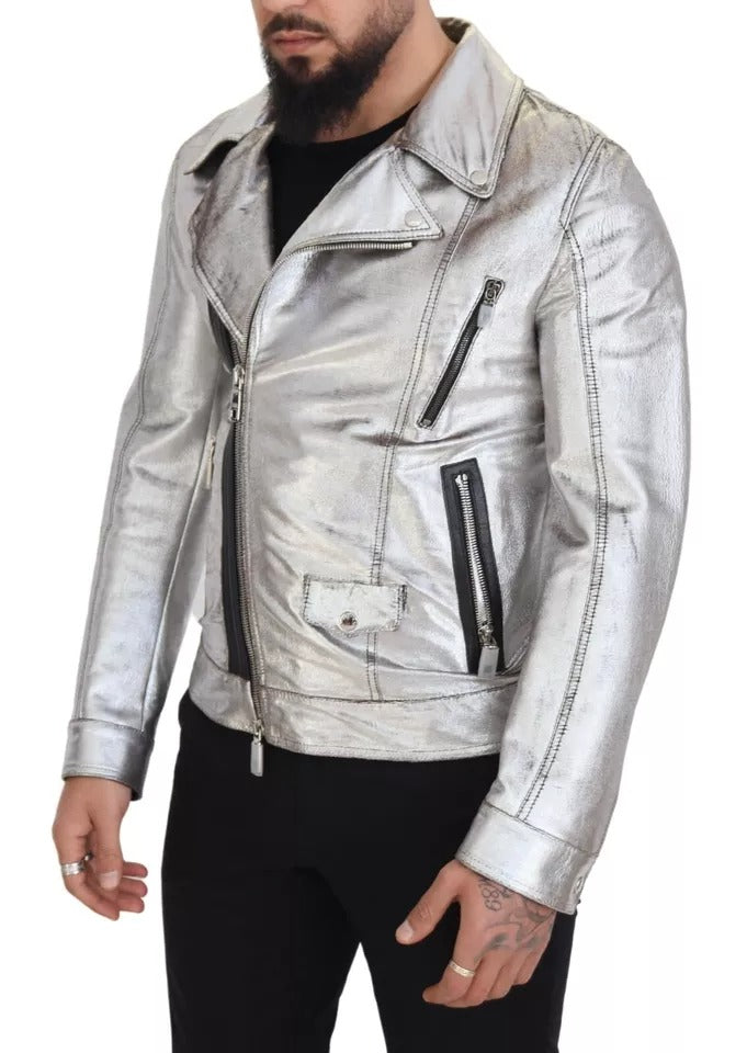 Silver Leather Biker Coat Lambskin Jacket