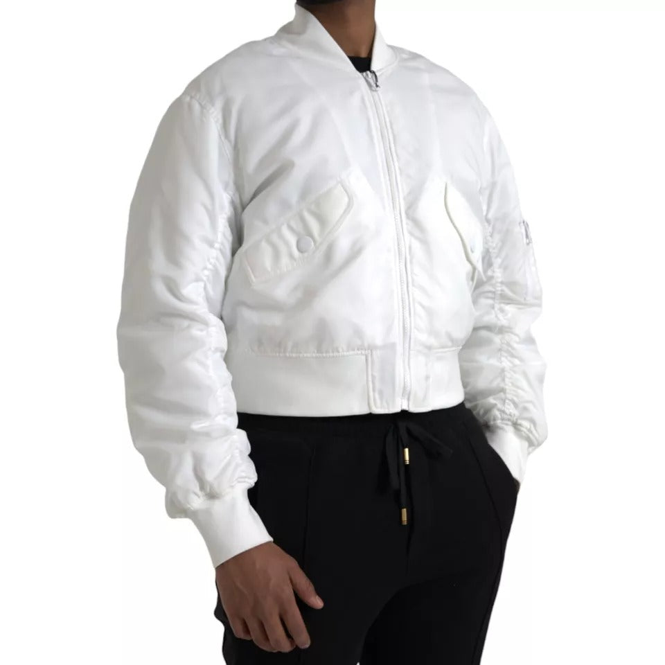 White Bomber Long Sleeves Full Zip Jacket