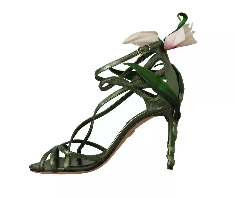 Acid Green Leather Strappy Flower Heels Sandals Shoes