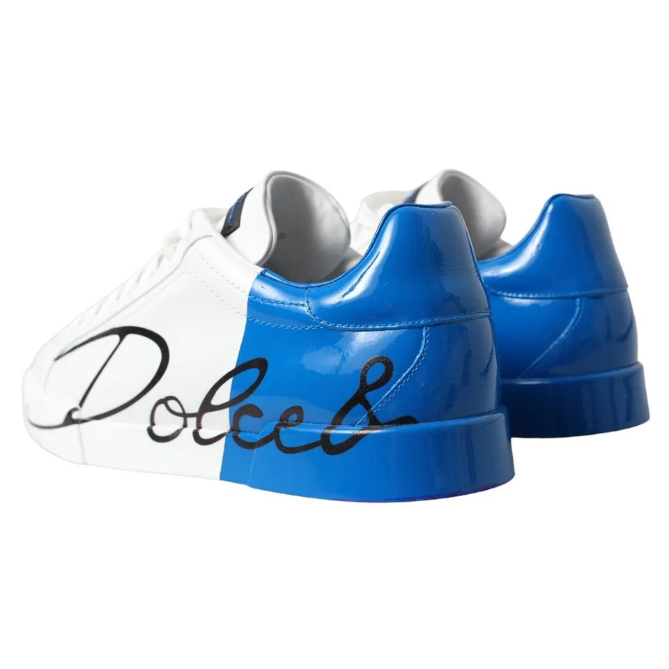 White Blue Leather Logo Low Top Sneakers Shoes