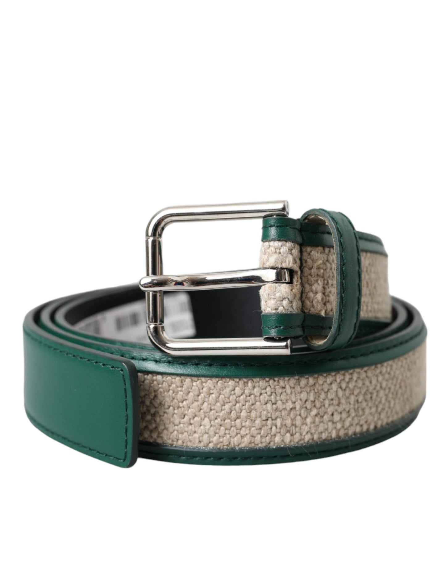 Green Beige Leather Weaved Metal Buckle Belt