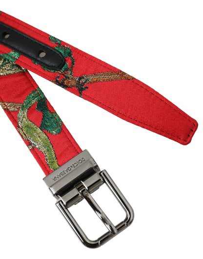 Red Leather Jacquard Silver Metal Buckle Belt