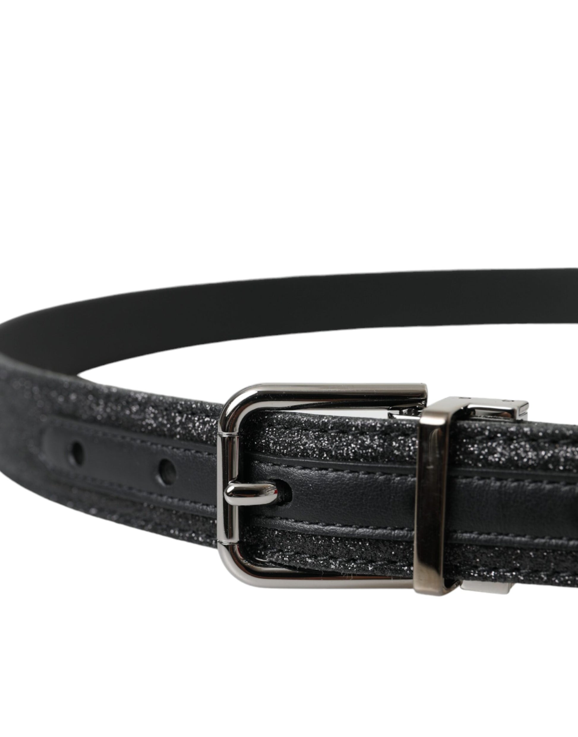 Black Glittered Leather Silver Buckle Belt