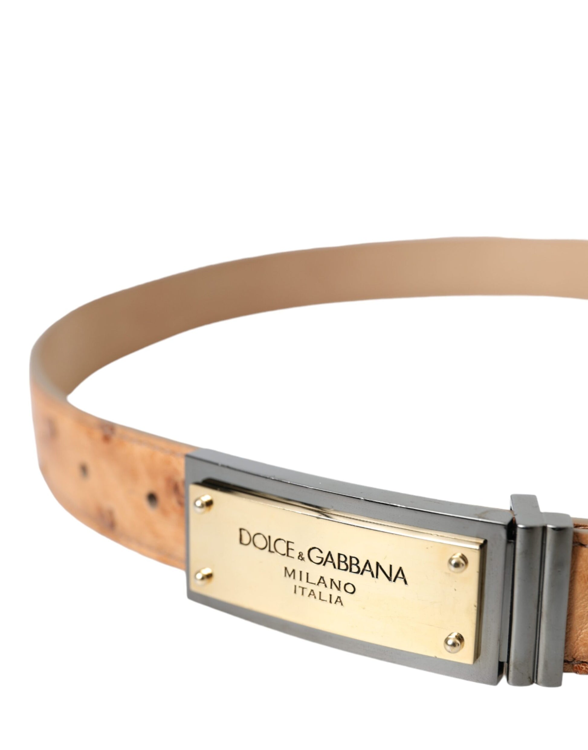 Beige Leather Gold Logo Engraved Buckle Belt