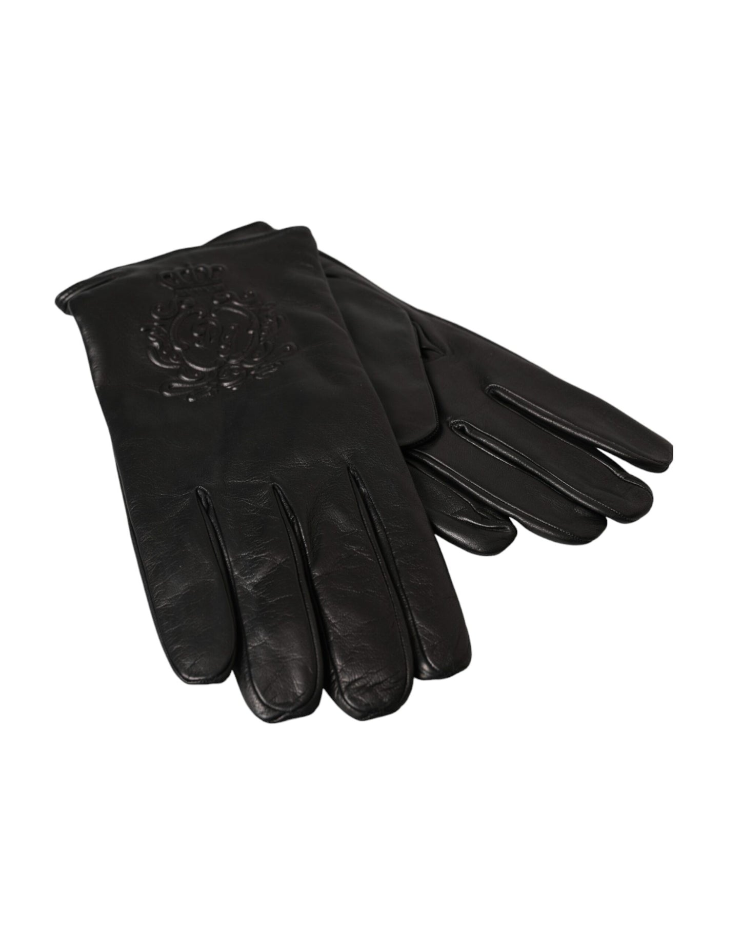 Black Leather Embossed Logo Short Hands Gloves