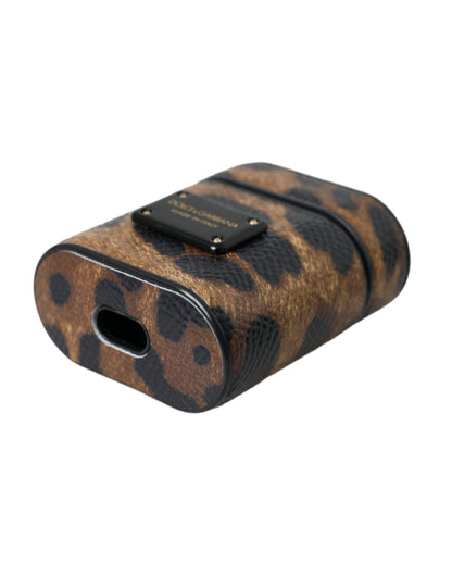 Brown Leopard Calf Leather Metal Logo Plaque Airpods Case