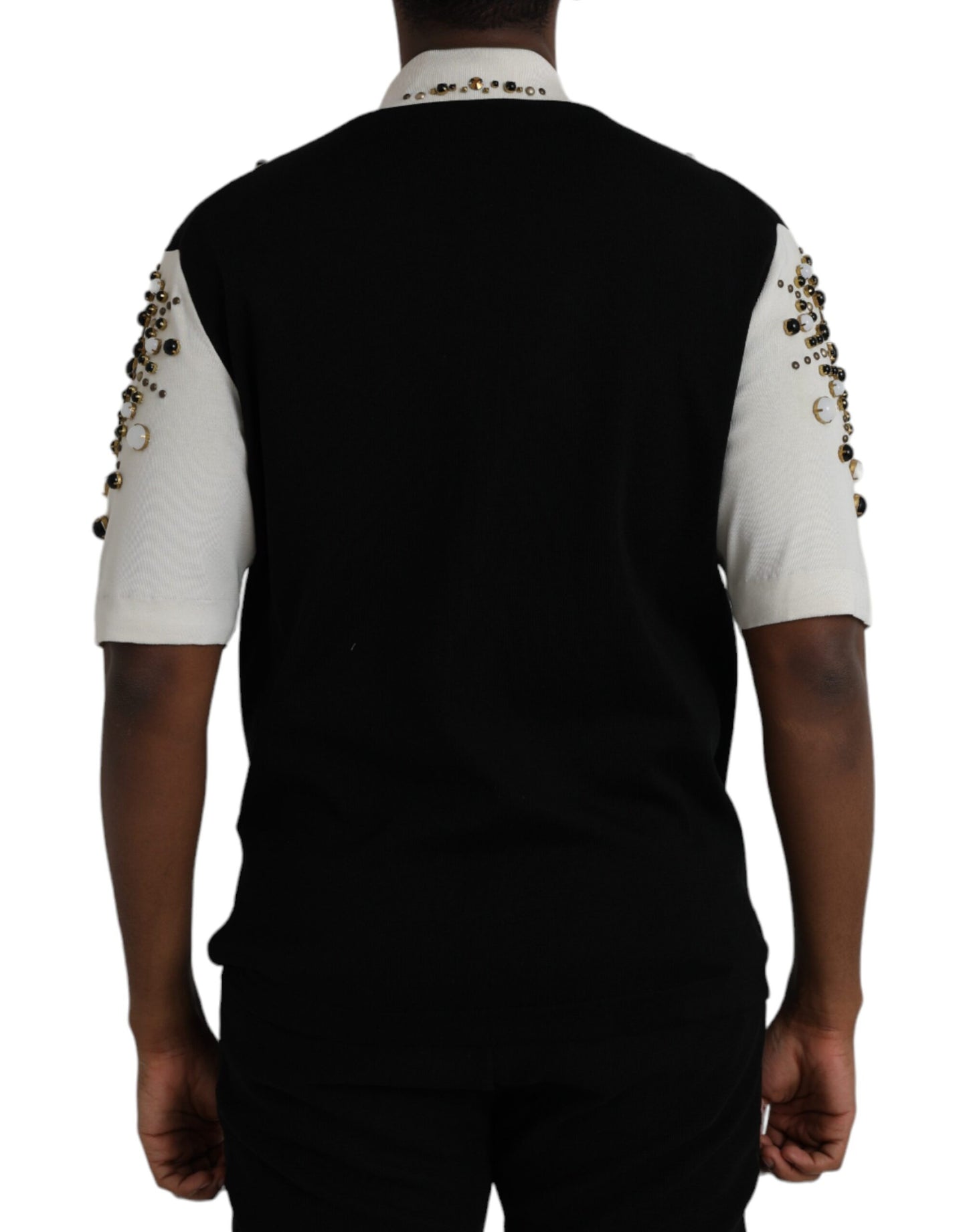 White Black Silk Studded Stone Crystal Shirt