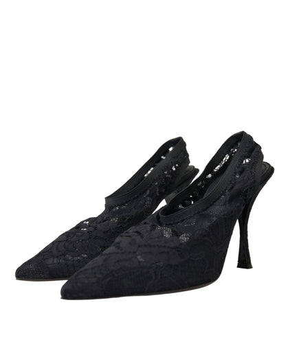 Black Lace Stretch Heels Slingbacks Shoes