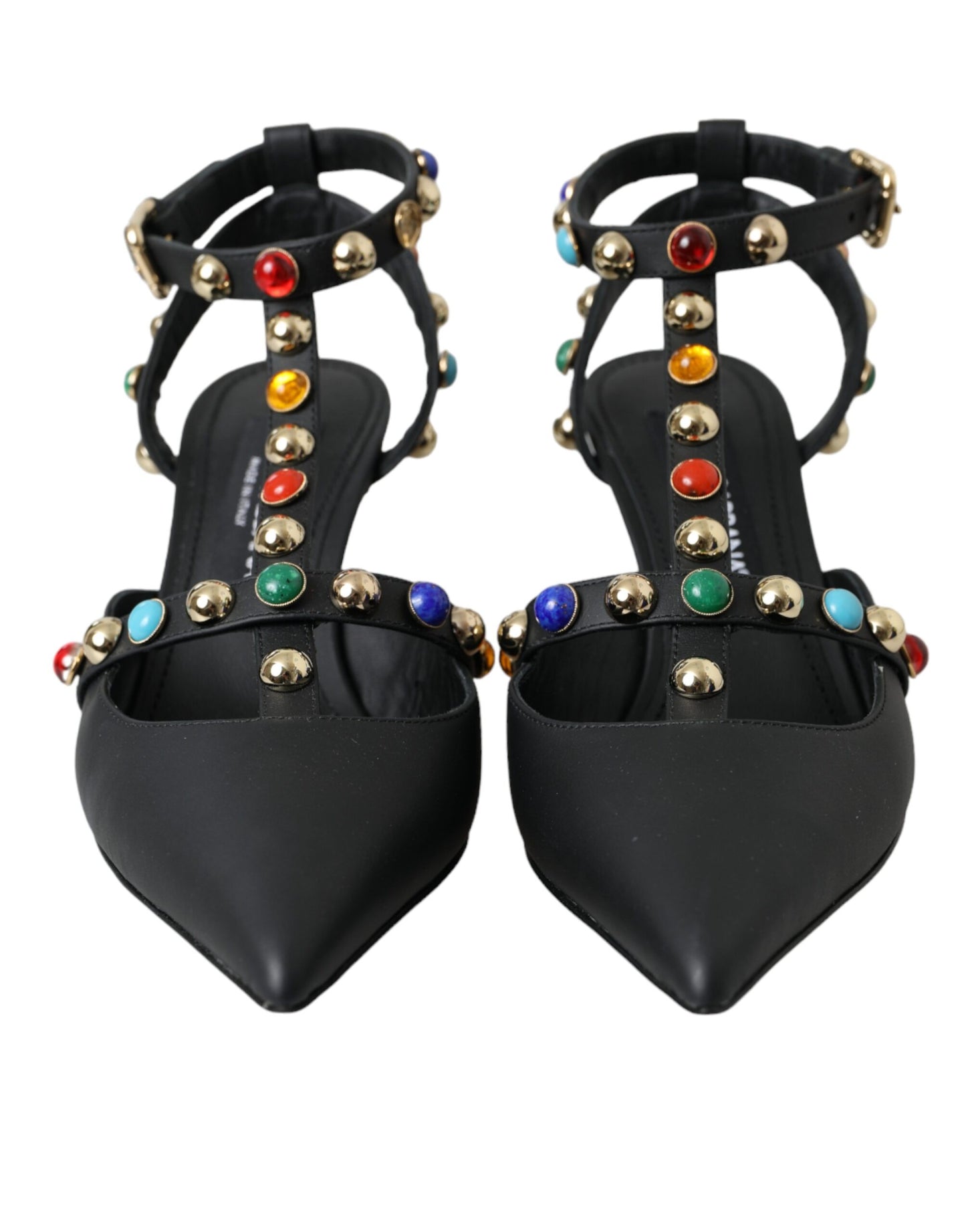 Black Leather Embellished Heels Sandal Shoes