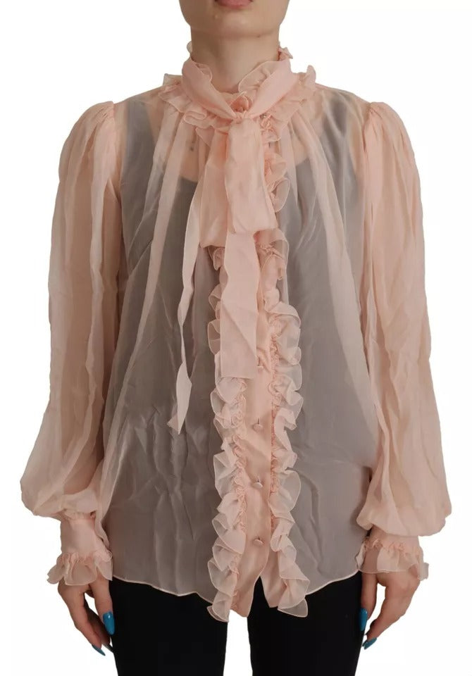 Light Pink Silk Ascot Collar Long Sleeves Top