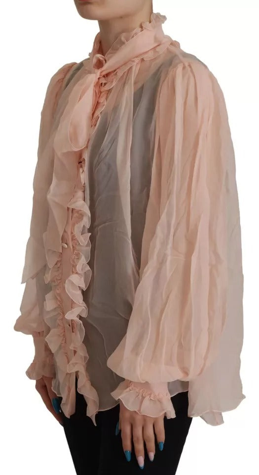 Light Pink Silk Ascot Collar Long Sleeves Top