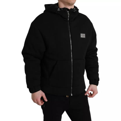 Black Cotton Hooded Logo Bomber Men Jacket