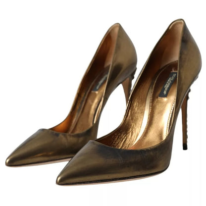 Bronze Leather Embellished Heels Pumps Shoes