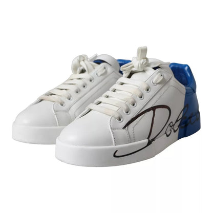 White Blue Leather Logo Low Top Sneakers Men Shoes